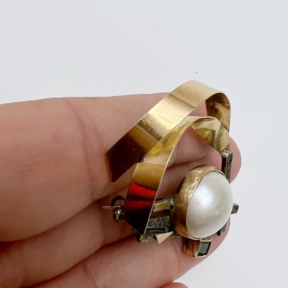Vintage Carolyn Thomas 14K Gold Sterling Brass Mabe Pearl Emerald Brooch Pin - Picture 11 of 15